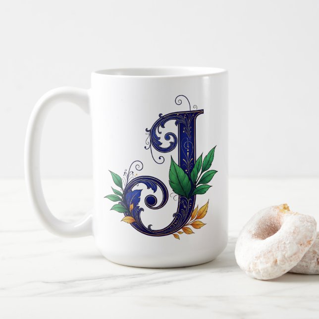 Elegant Cursive Letter J Coffee Mug (With Donut)