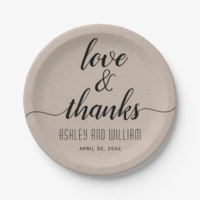 Elegant cursive script calligraphy rustic wedding paper plate (Front)
