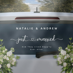 Elegant Cursive Script Just Married Wedding Car
