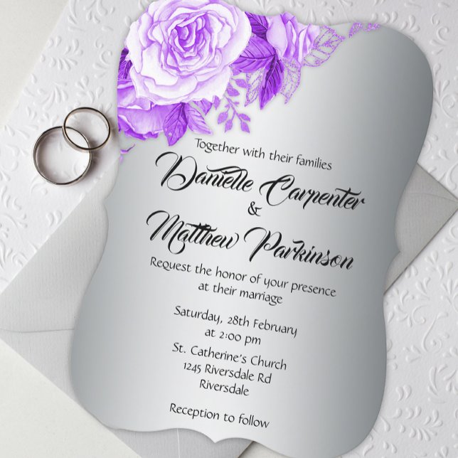 Elegant Curved Purple Roses Silver Wedding Invitation (Creator Uploaded)