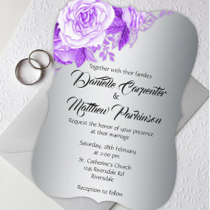 Elegant Curved Purple Roses Silver Wedding Invitation
