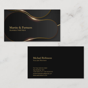 Elegant Curved Shape Geometric Gold Lines   Black Business Card