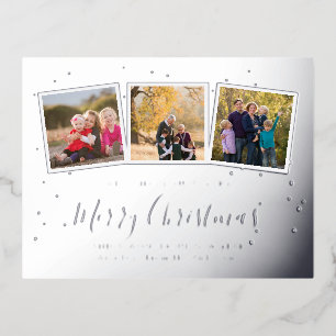 Elegant Custom 3 Photo Collage Merry Christmas Foil Holiday Postcard
