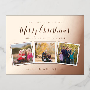 Elegant Custom 3 Photo Collage Merry Christmas Foil Holiday Postcard