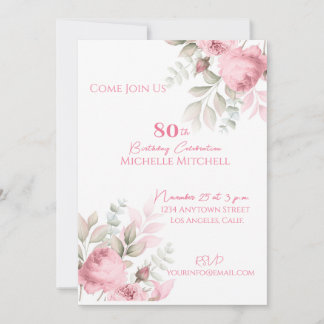 Elegant Custom 80th Birthday Pink Floral Invitation