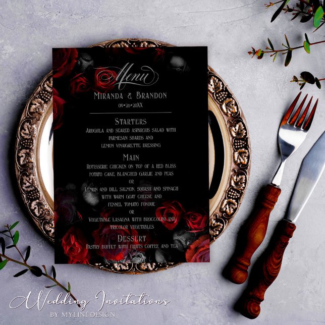 Elegant Custom Black and Red Floral Wedding Menu (Creator Uploaded)