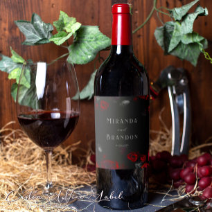 Elegant Custom Black and Red Floral Wedding Wine Label