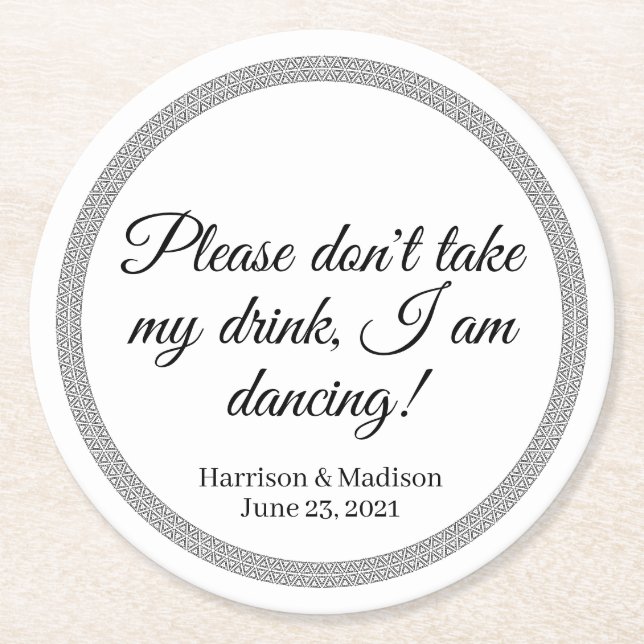 Elegant custom black text names date wedding round paper coaster (Front)