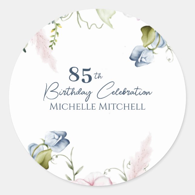 Elegant Custom Blue Pink 85th Birthday Classic Round Sticker (Front)