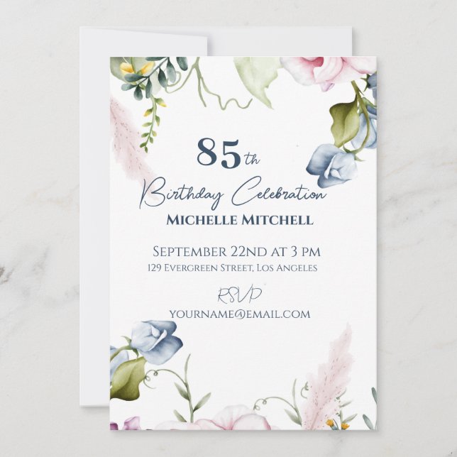 Elegant Custom Blue Pink 85th Birthday Invitation (Front)