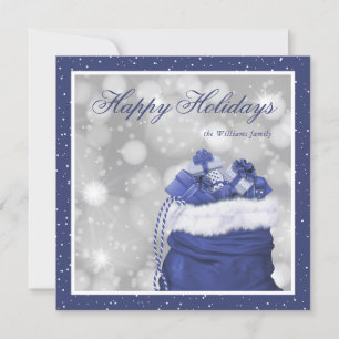 Elegant Custom Blue Snow Happy Holiday Cards