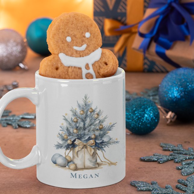 Elegant Custom Christmas Tree Gold Blue Watercolor Coffee Mug (Creator Uploaded)