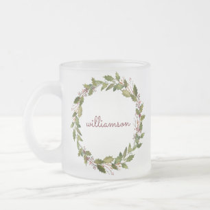 Elegant Custom Christmas Wreath Vintage Script Frosted Glass Coffee Mug