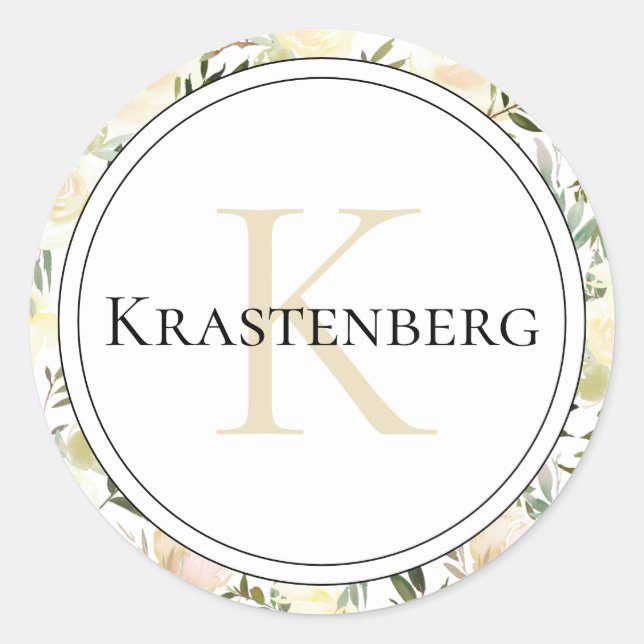 Elegant Custom Family Monogram Name on Cream Roses Classic Round Sticker (Front)