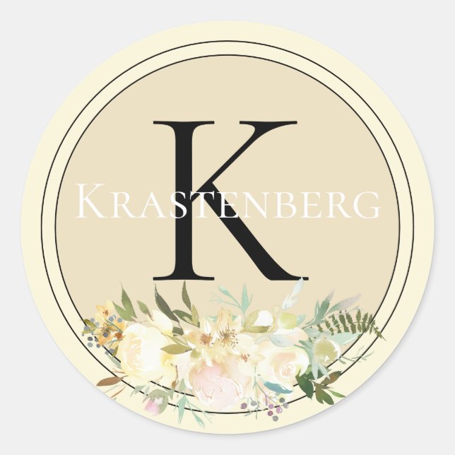 Elegant Custom Family Name Monogram Cream Roses Classic Round Sticker (Front)