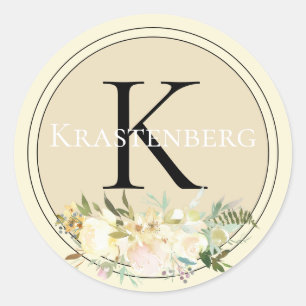 Elegant Custom Family Name Monogram Cream Roses Classic Round Sticker