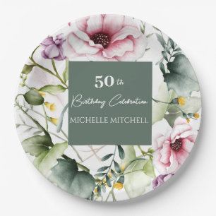 Elegant Custom Floral 50th Birthday Party Paper Plate