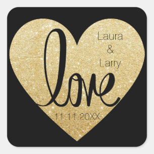 Elegant Custom Glitter Gold LOVE Black Wedding Square Sticker