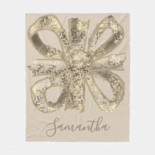 Elegant Custom Gold Beige Floral Hand Drawn Bow Fleece Blanket