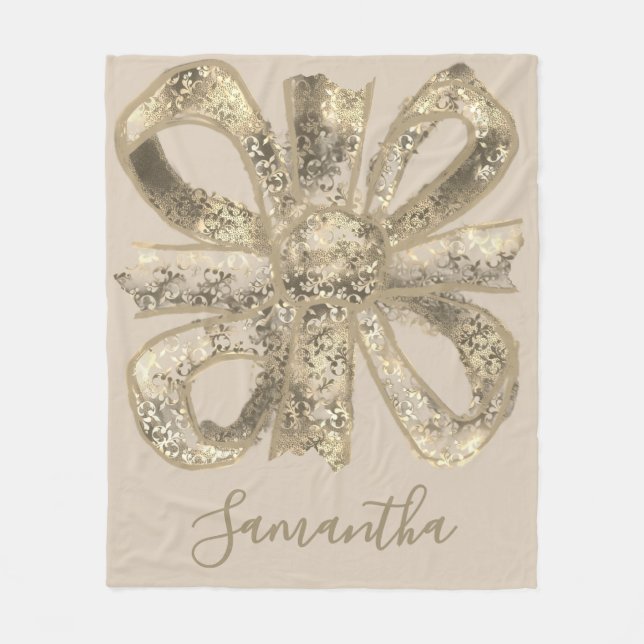 Elegant Custom Gold Beige Floral Hand Drawn Bow  Fleece Blanket (Front)