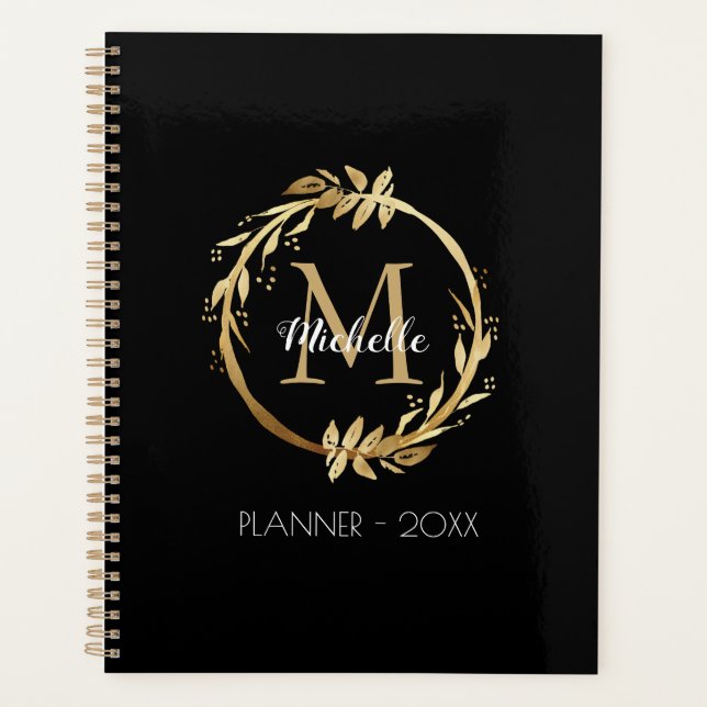 Elegant Custom Gold Wreath Monogram Black Planner (Front)