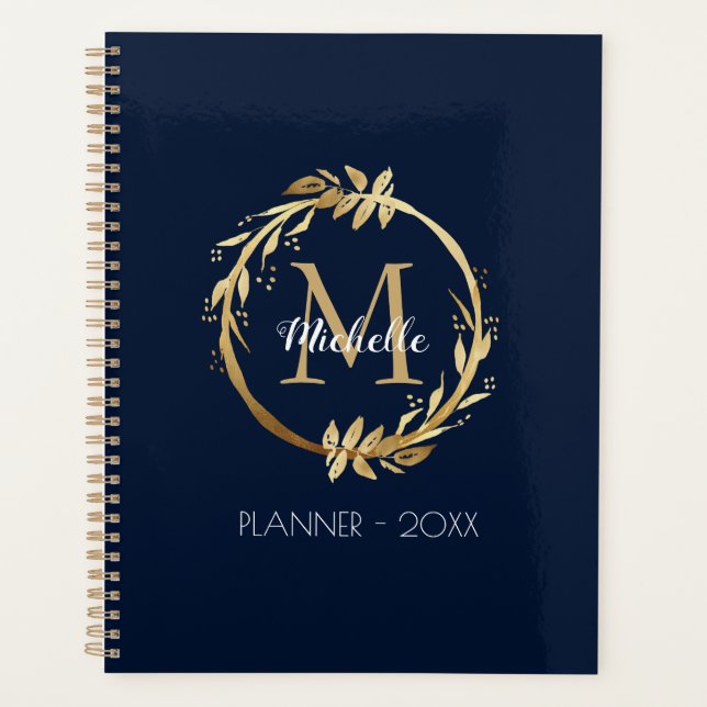 Elegant Custom Gold Wreath Monogram Navy Blue Planner (Front)