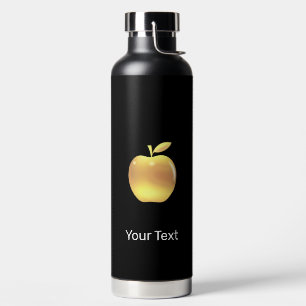 Elegant Custom Golden Apple Image & Text on Black Water Bottle