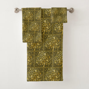 Elegant Custom Golden Tree Pattern on Brown Bath Towel Set