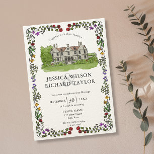 Elegant Custom Hand Drawn Venue Manor Illustration Invitation