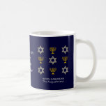 Elegant Custom HANUKKAH Coffee Mug<br><div class="desc">Elegant HAPPY HANUKKAH coffee mug, showing faux gold and silver STAR OF DAVID and MENORAH in a tiled pattern against a rich NAVY BLUE background. Text reads HAPPY HANUKKAH with a placeholder name, and is CUSTOMIZABLE, so you can PERSONALIZE it by adding your name or other text. The design is...</div>