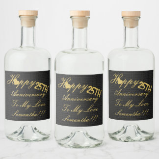 Elegant Custom Happy 25th Anniversary gold Black Liquor Bottle Label