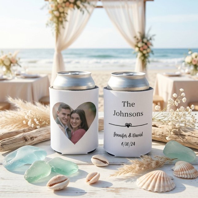Elegant Custom Heart Photo Wedding Can Cooler (AI Placeholder Photo)