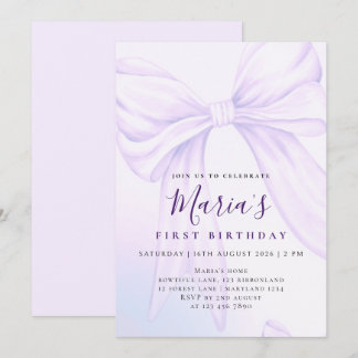 Elegant Custom Lavender Bow First Birthday Invitation