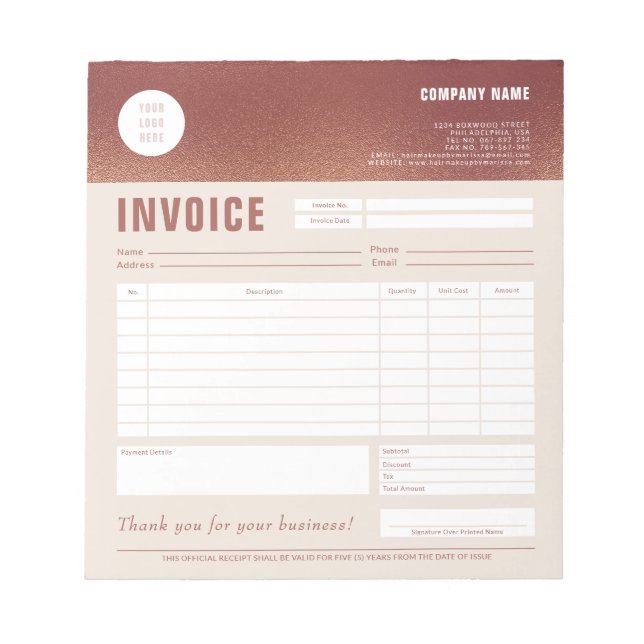 Elegant Custom Logo Rose Gold Foil Invoice Form Notepad (Front)