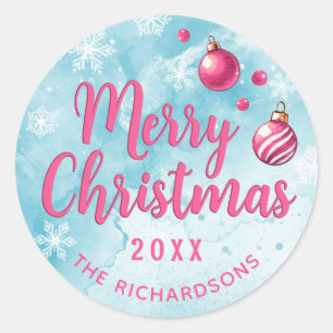 Elegant Custom Merry Christmas Blue and Pink Classic Round Sticker