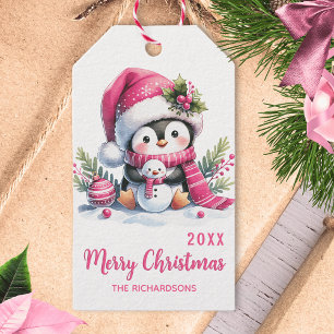 Elegant Custom Merry Christmas Pink Cute Penguin Gift Tags