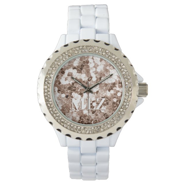 Elegant Custom Monogram Bronze White Glitter Look Watch (Front)