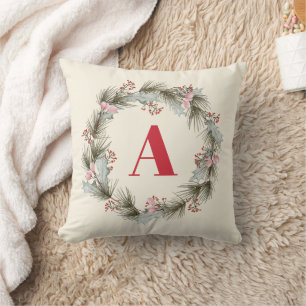 Elegant Custom Monogram Christmas Wreath Cushion