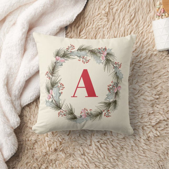 Elegant Custom Monogram Christmas Wreath  Cushion (Blanket)