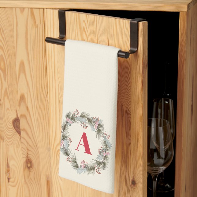 Elegant Custom Monogram Christmas Wreath  Tea Towel (Thirds Fold)