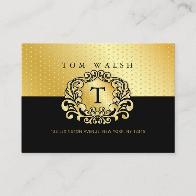 Elegant Custom Monogram Gold Black Business Card (Front)