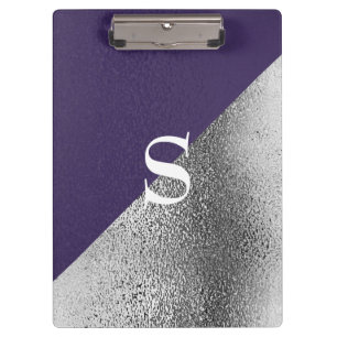 Elegant Custom Monogram Metallic Purple Silver Clipboard