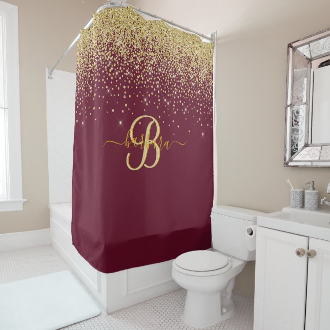 Elegant Custom Monogram Red Gold Sparkle   Shower Curtain (In Situ)