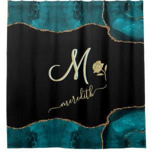 Elegant Custom Monogram Teal Black Gold Shower Cur Curtain