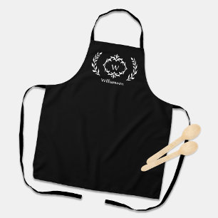 Elegant Custom Monogrammed Crest Logo Black White Apron