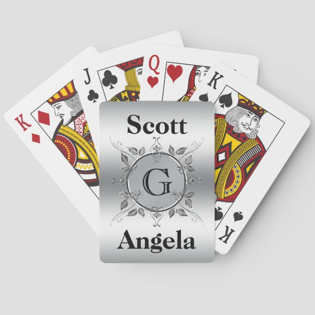 Elegant Custom Monogrammed Metal Look Personalised Playing Cards (Back)