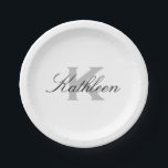 Elegant custom monogrammed paper party plates<br><div class="desc">Elegant custom monogrammed paper party plates. Disposable paper plates for Birthday,  wedding,  baby shower and more. Classy monogram template with stylish script typography. Classy black and white design. Great for cake and more</div>