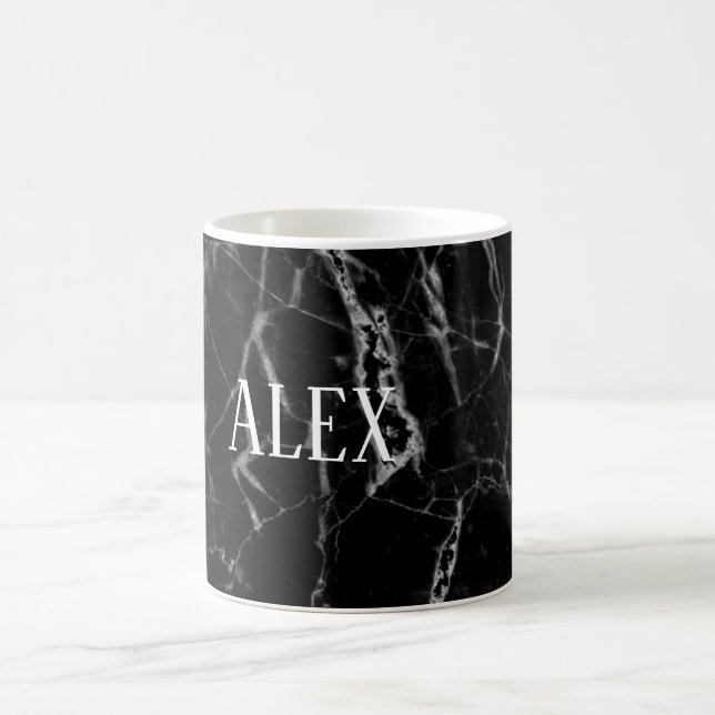 Elegant Custom Name Black Marble Stone Coffee Mug (Center)