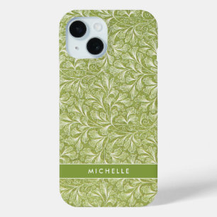 Elegant Custom Name Green Botanical iPhone 15 Case