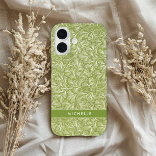 Elegant Custom Name Green Botanical iPhone 16 Case